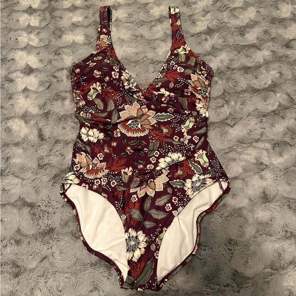 Anne Cole Size 10 20M0033 Wine Floral Print Boho Flattering One Piece Swimsuit - Picture 7 of 11